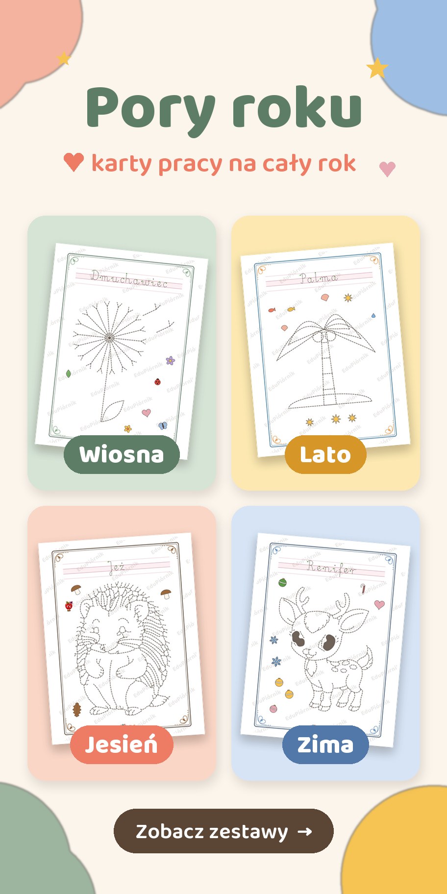 Karty pracy EduPiórnik na wiosnę, lato, jesień i zimę