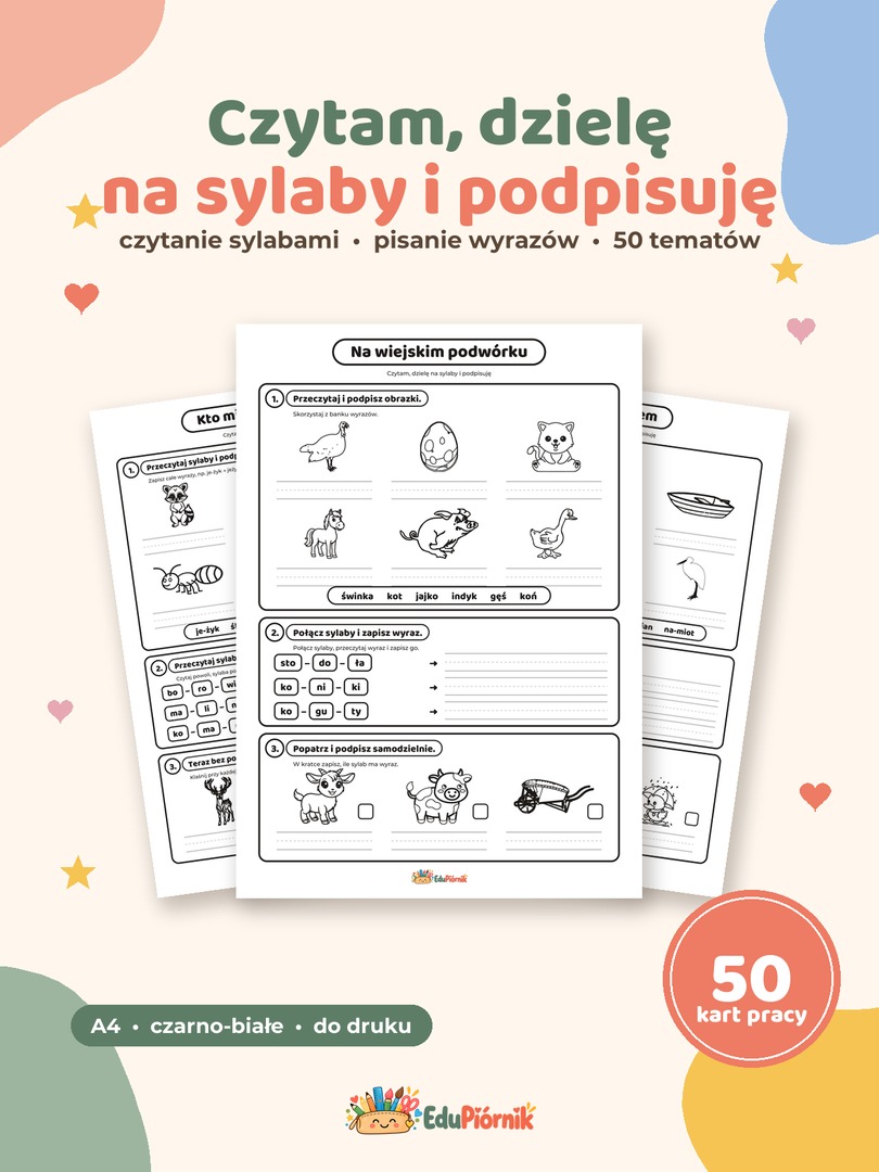 Czytam, dzielę na sylaby i podpisuję - 50 kart pracy