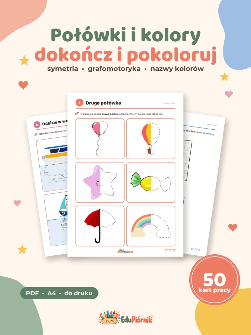 Połówki i kolory - dokończ, dorysuj, pokoloruj
