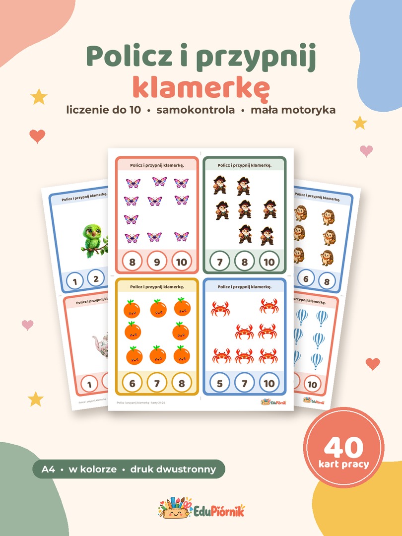 Policz i przypnij klamerkę – darmowe karty pracy do liczenia do 10 z samokontrolą, PDF do druku